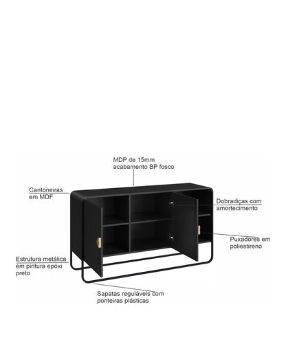 Buffet 2 Portas 1 Prateleira Pés em Aço Dunna 135 cm - Preto c/ Dourado
