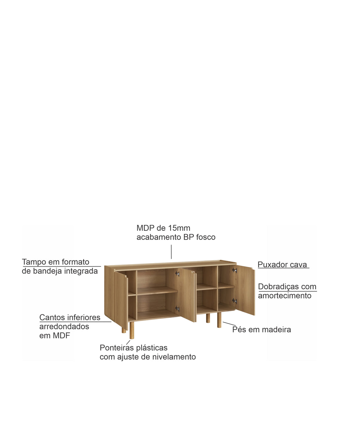 Buffet Orgânico 4 Portas Yume 160 cm - Mel