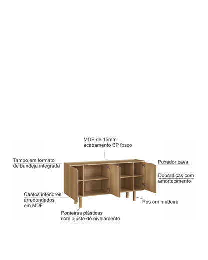 Buffet Orgânico 4 Portas Yume 160 cm - Mel