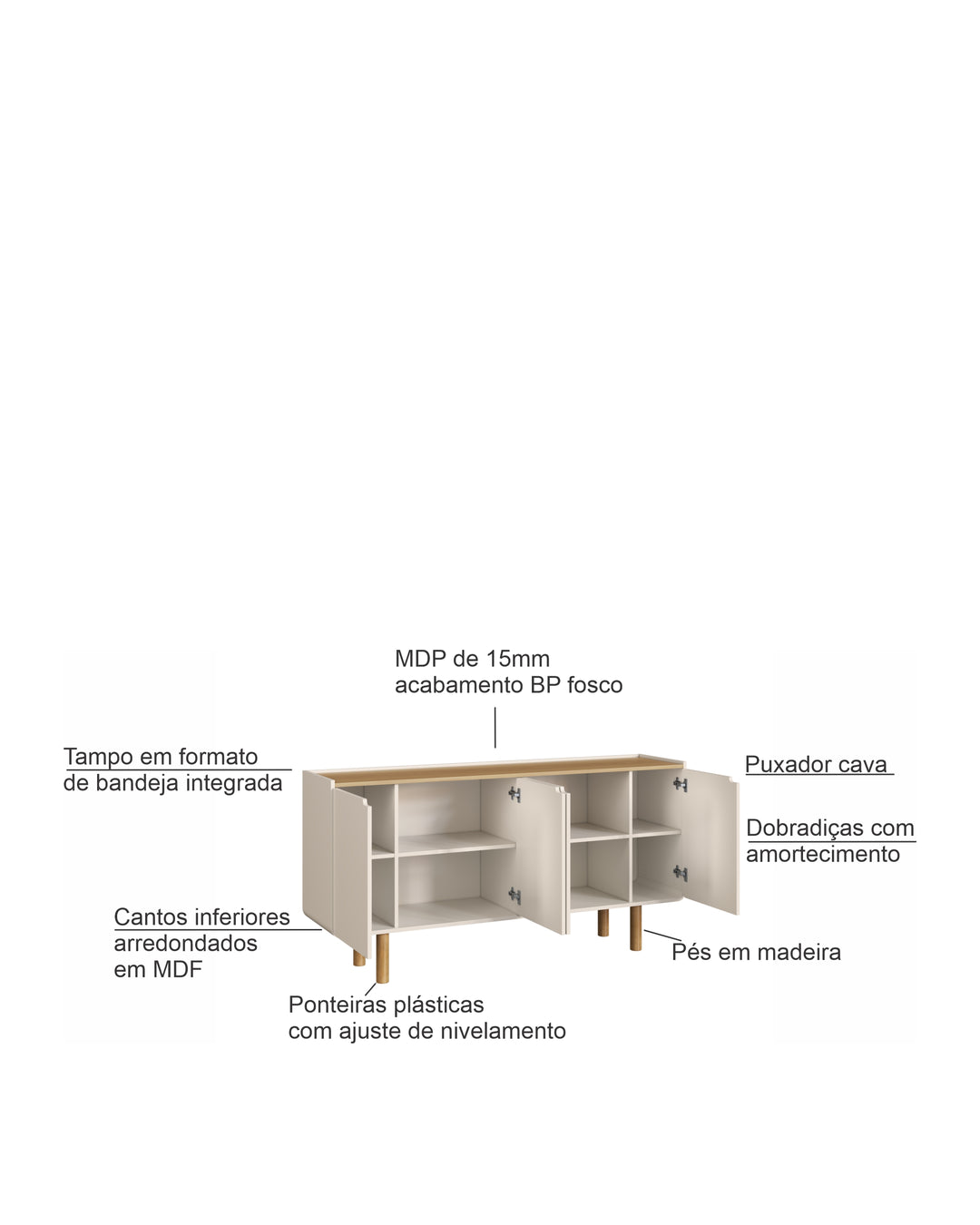 Buffet Orgânico 4 Portas Yume 160 cm - Off-White c/ Mel