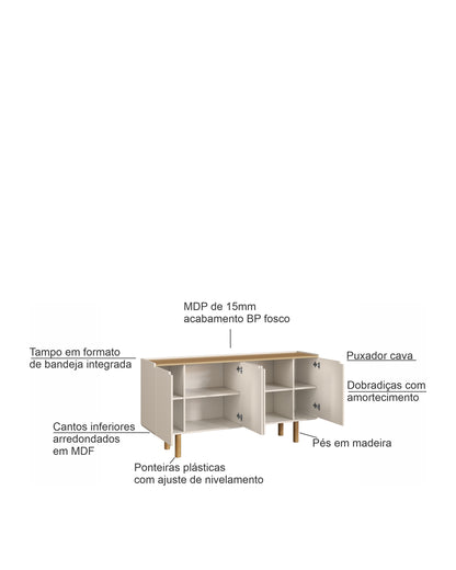 Buffet Orgânico 4 Portas Yume 160 cm - Off-White c/ Mel