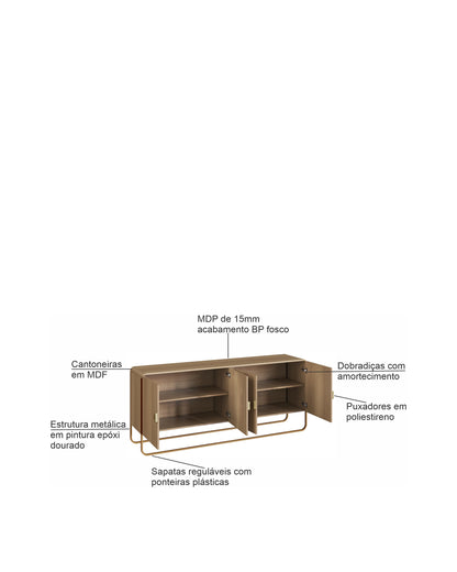 Buffet 4 Portas Pés em Aço Dunna 180 cm - Mel c/ Dourado