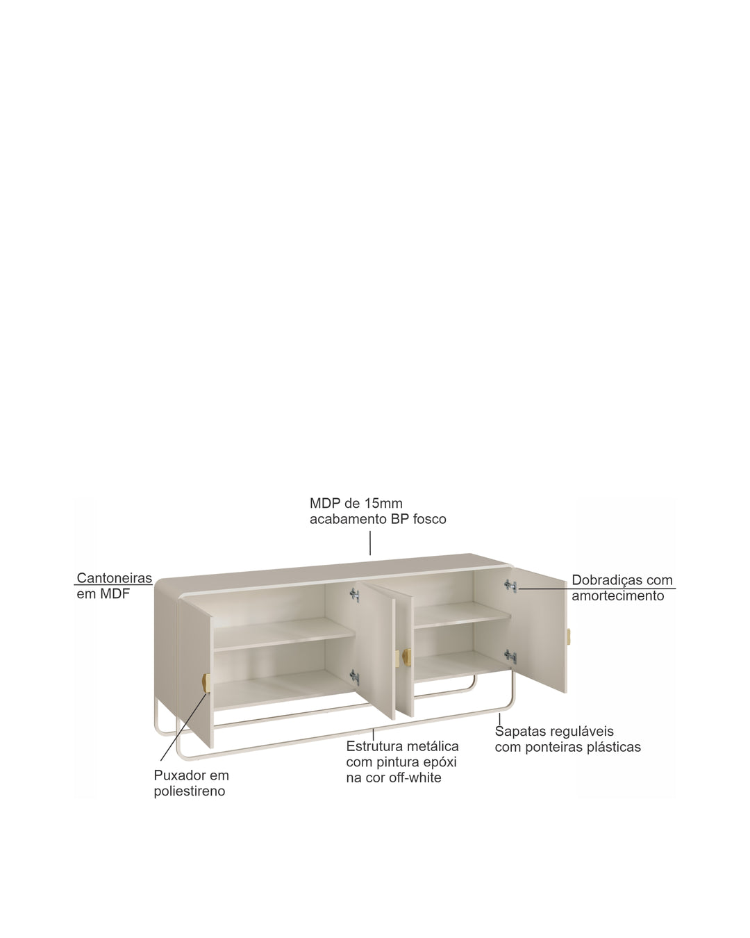 Buffet 4 Portas Pés em Aço Dunna 180 cm - Off White c/ Dourado