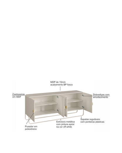 Buffet 4 Portas Pés em Aço Dunna 180 cm - Off White c/ Dourado