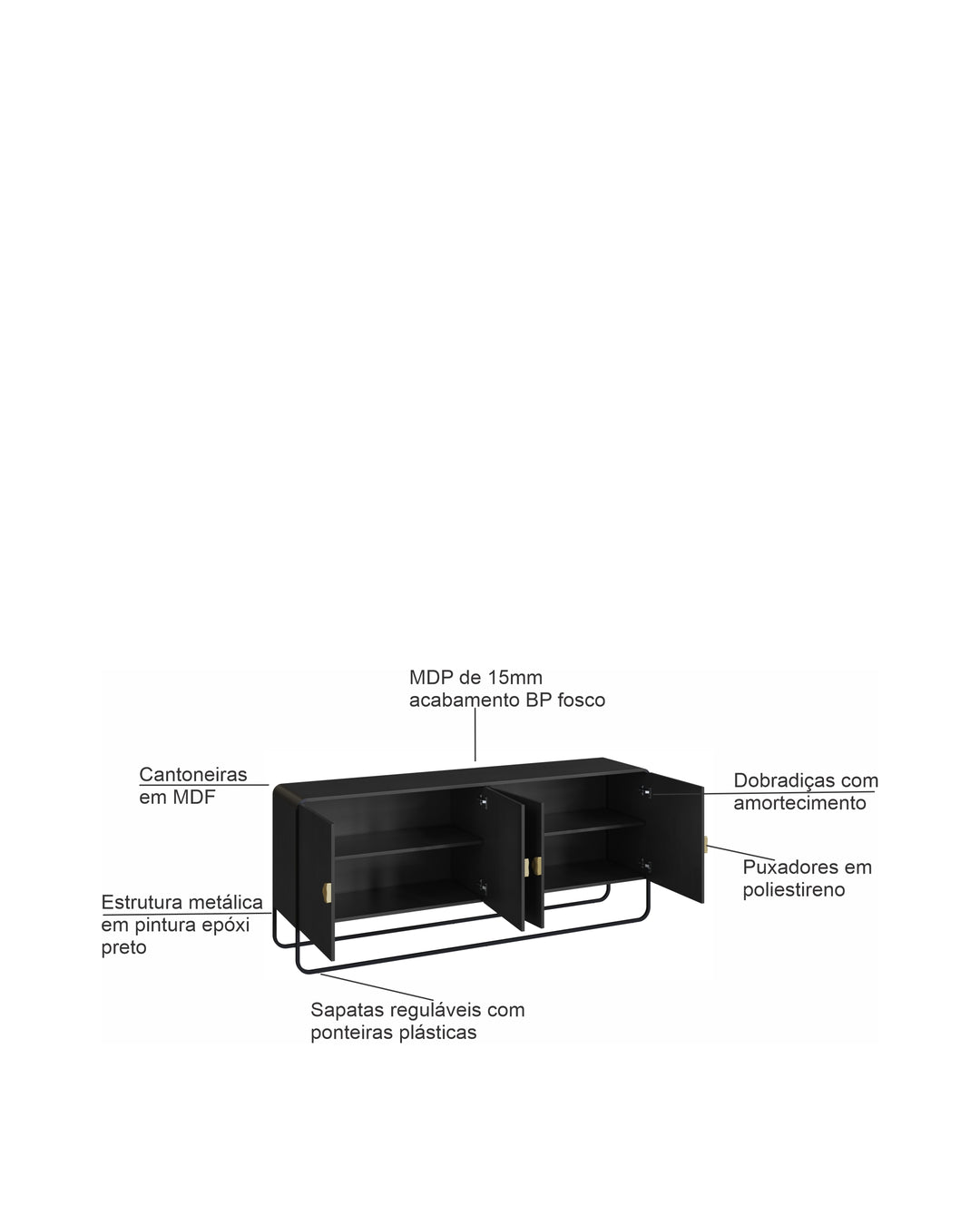 Buffet 4 Portas Pés em Aço Dunna 180 cm - Preto c/ Dourado