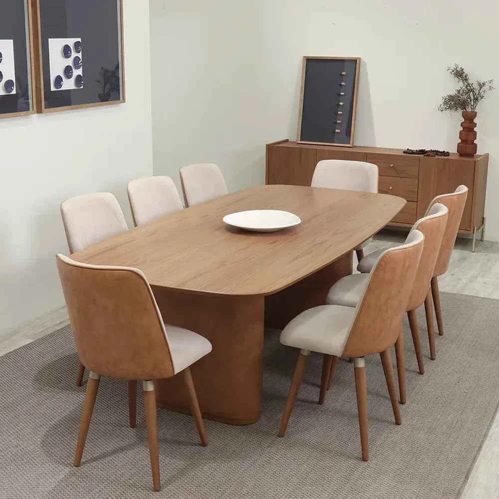 Conjunto de 6 Cadeiras de Madeira Maciça Estofada Dakota - Natural c/ Bouclé Fendi e PU Caramelo - Champanhe