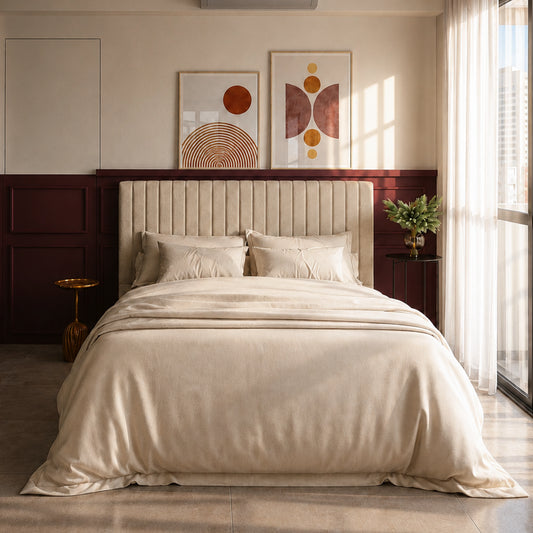 Cabeceira Casal Estofada Elara Canelada 140 cm - Linho Off White