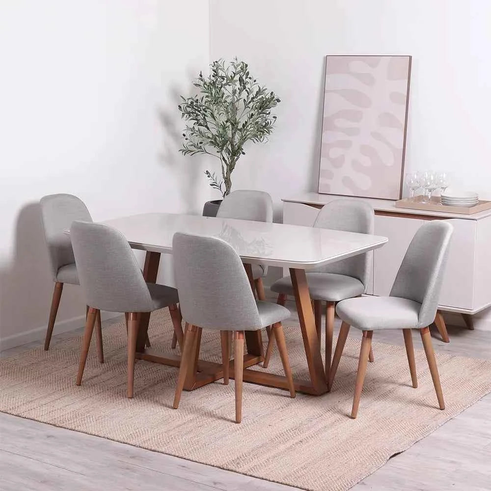 Conjunto de 2 Cadeiras de Madeira Maciça Estofada New Drop - Natural c/ Linho Cinza - Cobre