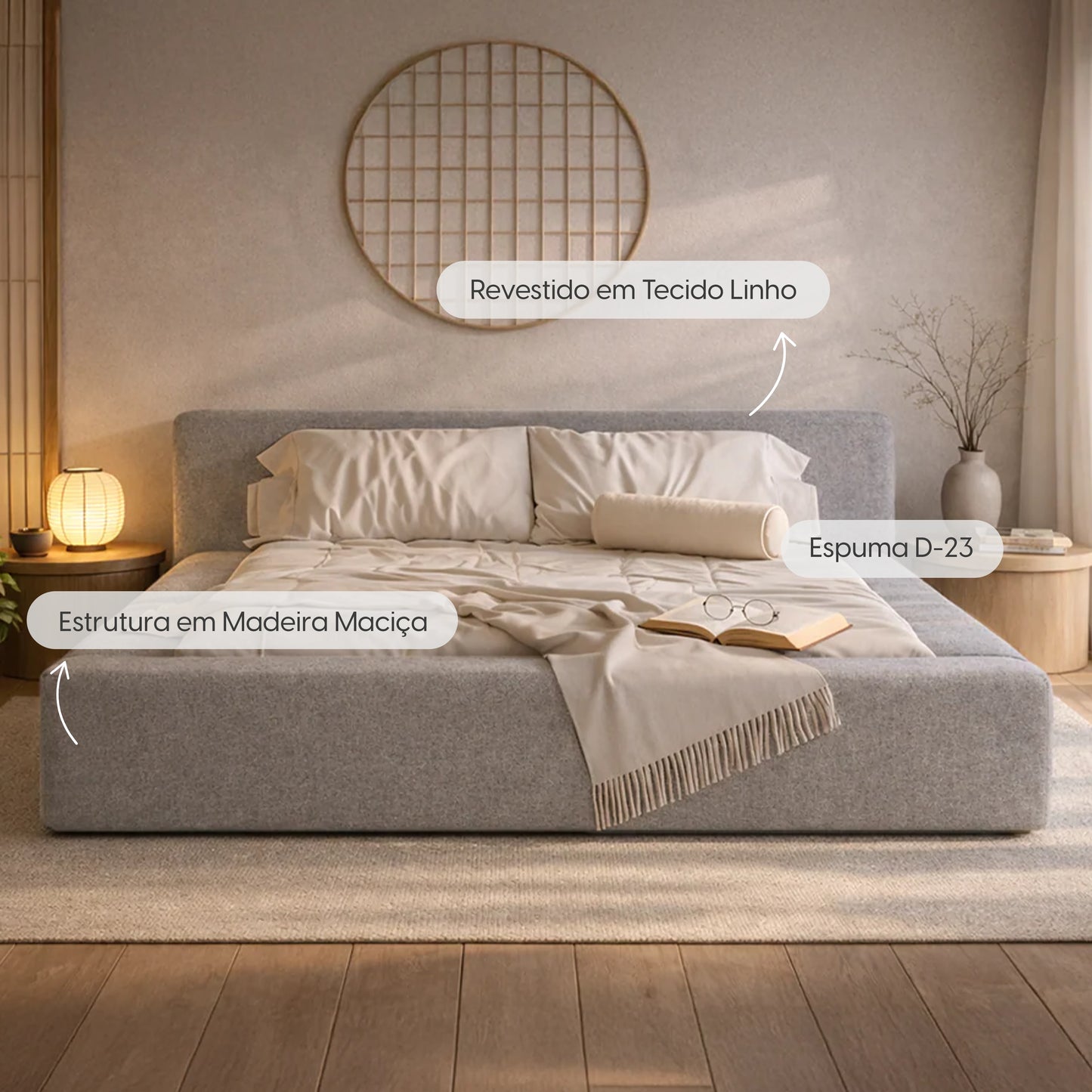 Cama Estofada King com Cabeceira Nora - Linho Cinza