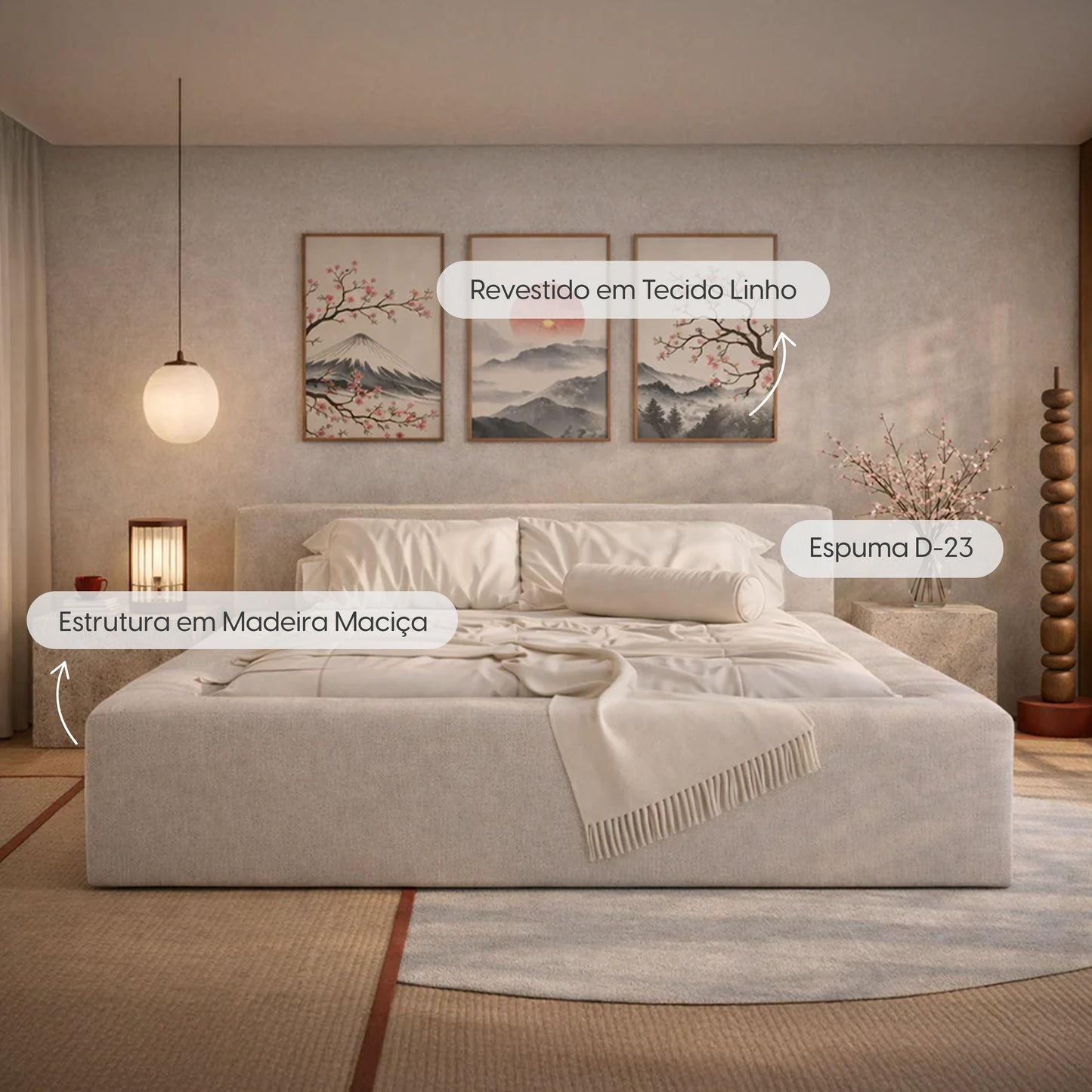 Cama Estofada King com Cabeceira Nora - Linho Off White