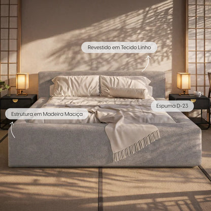 Cama Estofada Queen com Cabeceira Nora - Linho Cinza