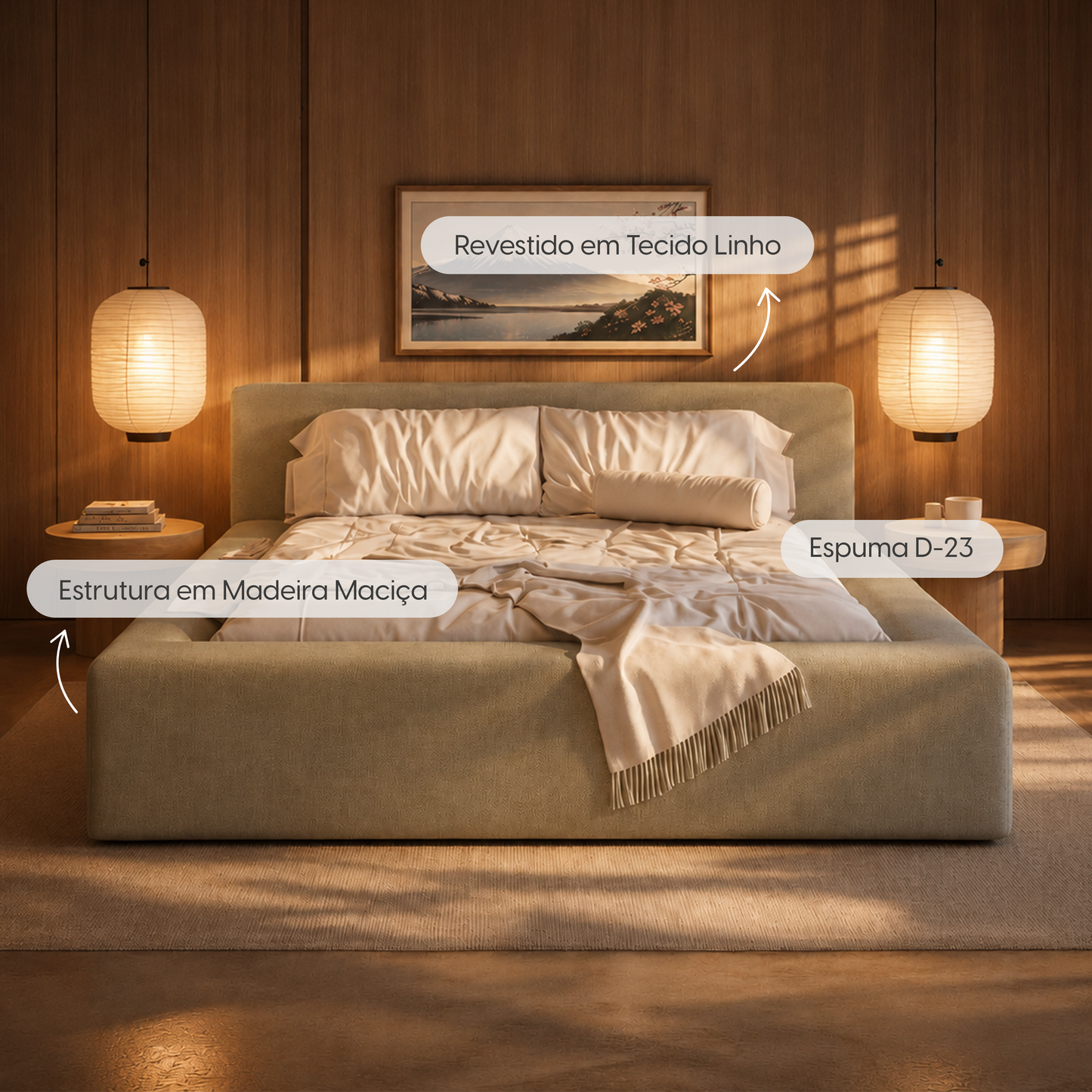 Cama Estofada Queen com Cabeceira Nora - Linho Fendi