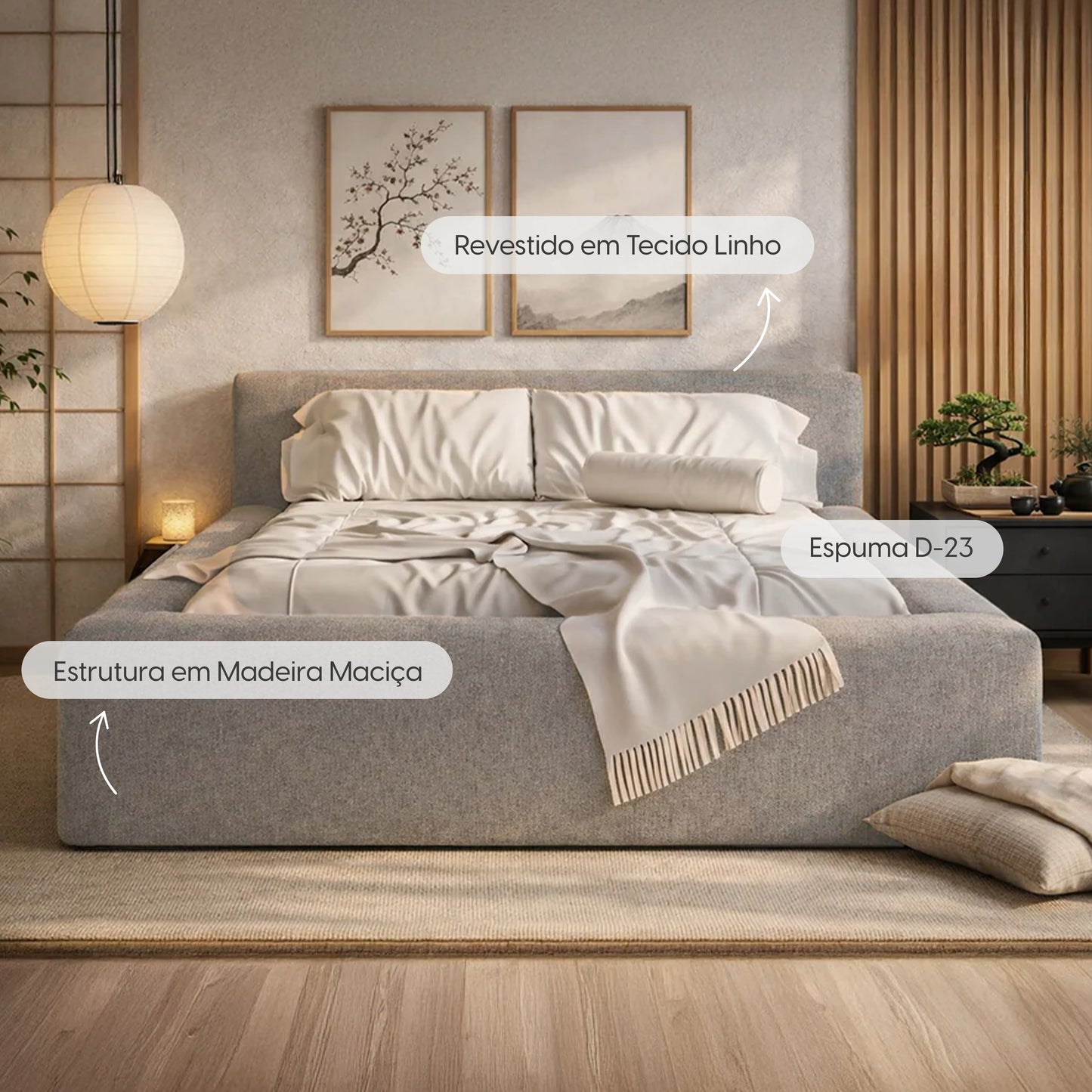 Cama Estofada de Casal com Cabeceira Nora - Linho Cinza