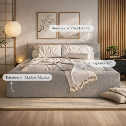 Cama Estofada de Casal com Cabeceira Nora - Linho Cinza