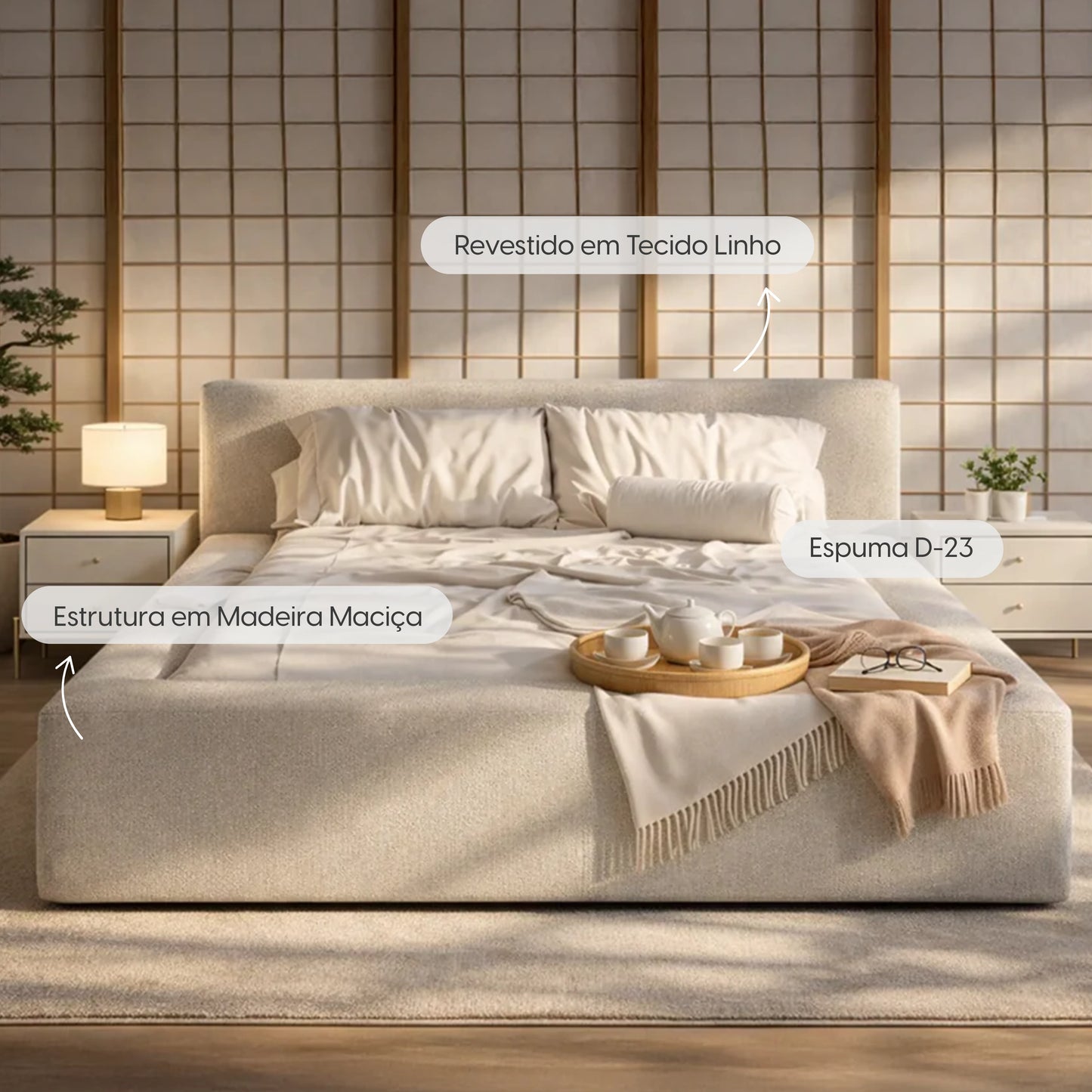 Cama Estofada de Casal com Cabeceira Nora - Linho Off White