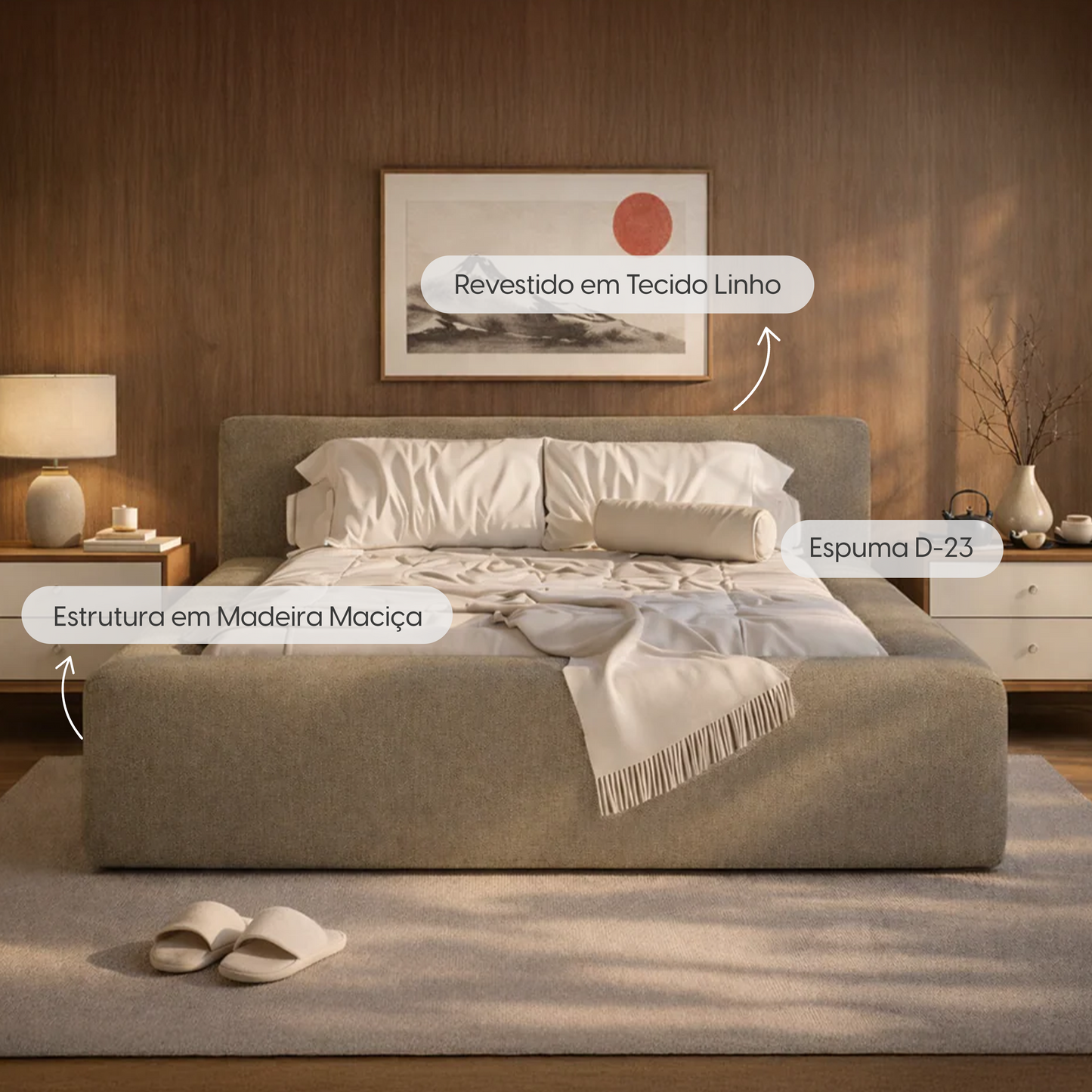 Cama Estofada de Casal com Cabeceira Nora - Linho Fendi