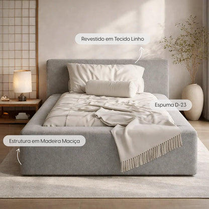 Cama Estofada de Solteiro com Cabeceira Nora - Linho Cinza