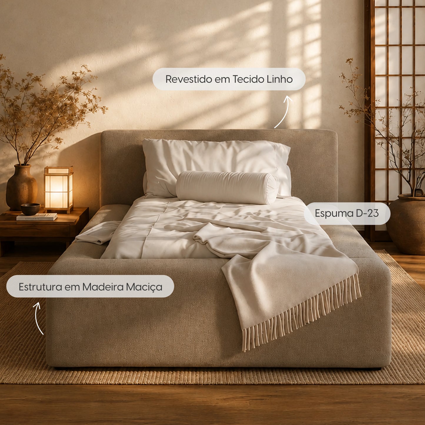 Cama Estofada de Solteiro com Cabeceira Nora - Linho Fendi