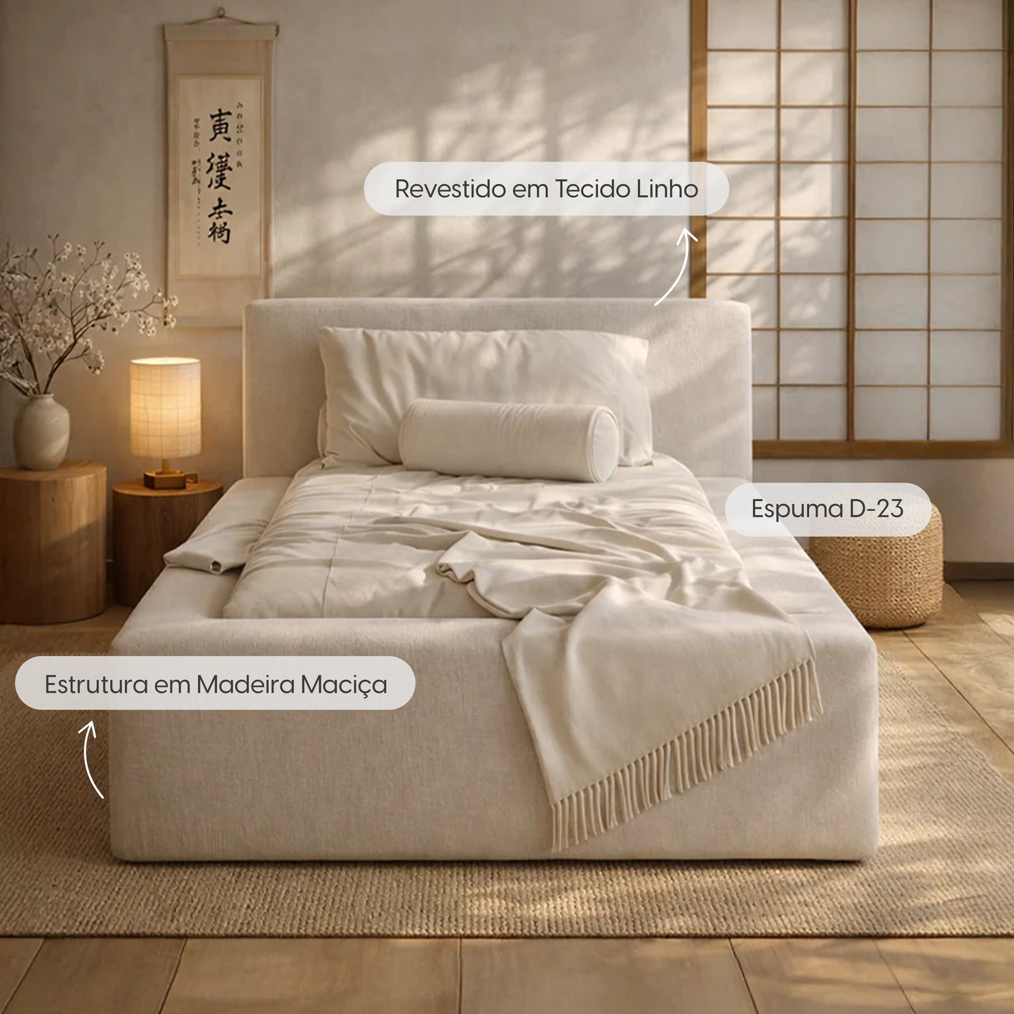 Cama Estofada de Solteiro com Cabeceira Nora - Linho Off White