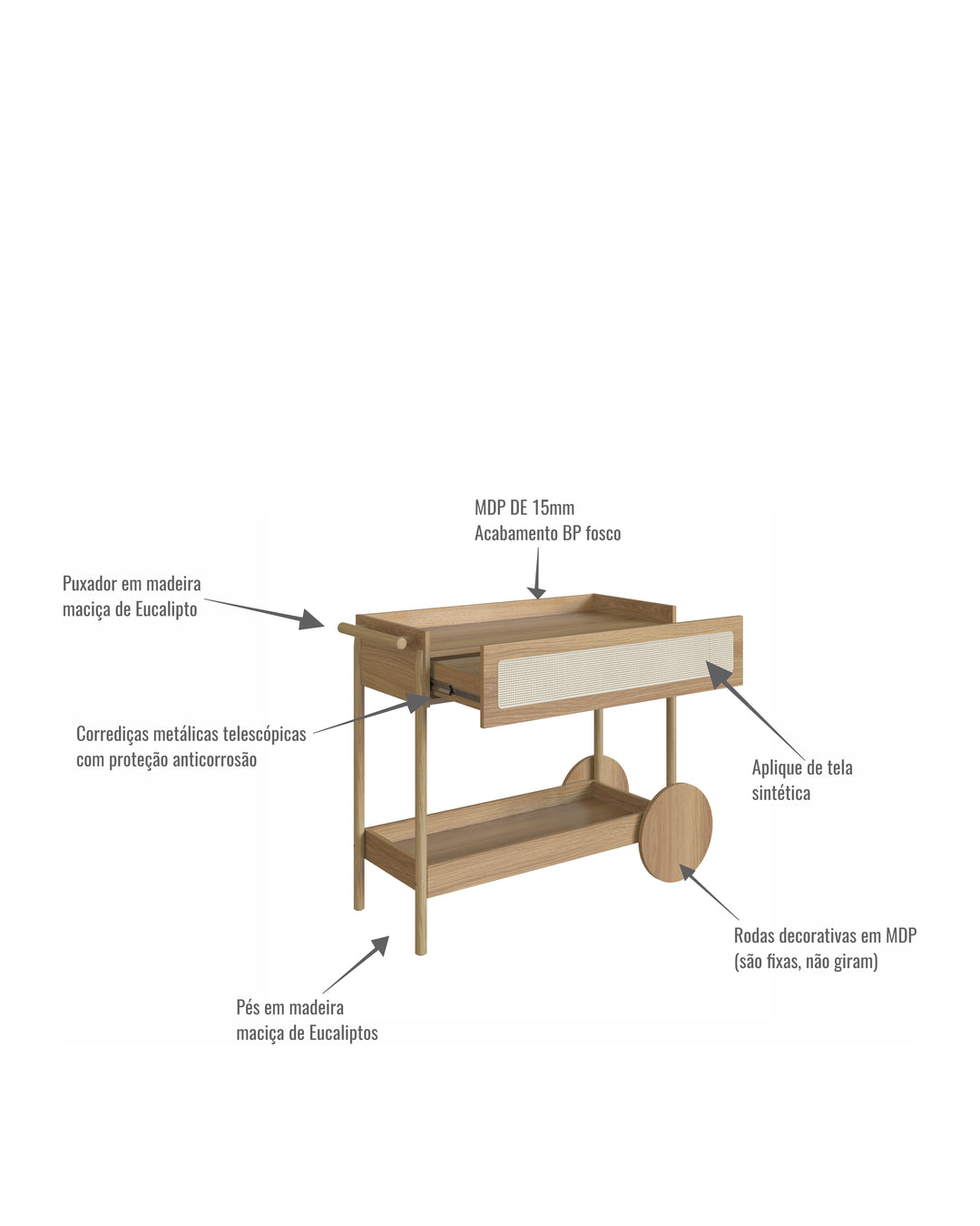 Carrinho Bar 1 Gaveta com Porta Taças Palhinha Urdi  112 cm - Mel