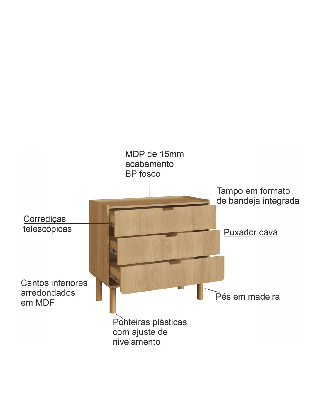 Cômoda Orgânica 3 Gavetas Yume 90 cm - Mel