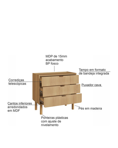 Cômoda Orgânica 3 Gavetas Yume 90 cm - Mel