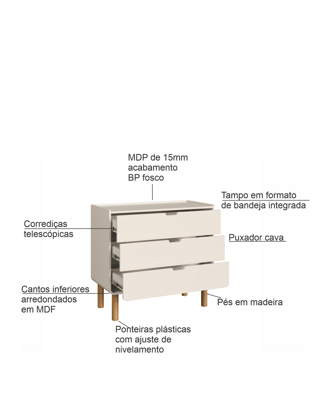 Cômoda Orgânica 3 Gavetas Yume 90 cm - Off-White Fosco