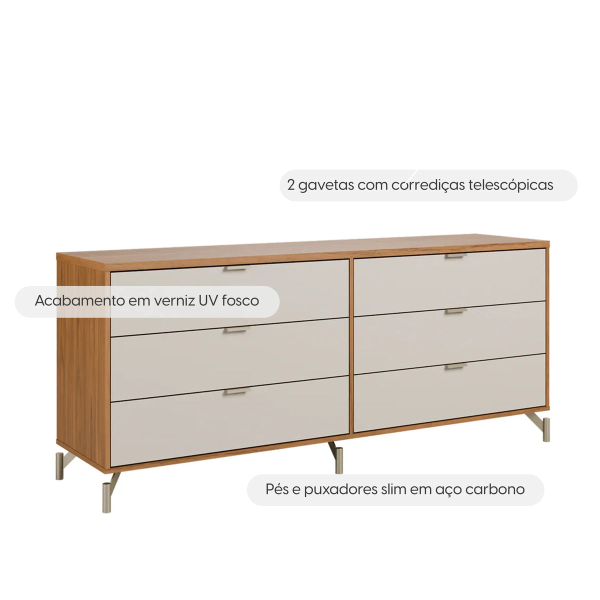 Conjunto 2 Mesas de Cabeceira e Cômoda 6 Gavetas Altis - Off White Fosco c/ Canella - Champanhe