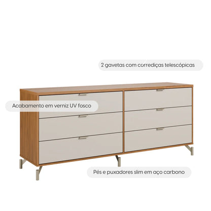 Conjunto 2 Mesas de Cabeceira e Cômoda 6 Gavetas Altis - Off White Fosco c/ Canella - Champanhe