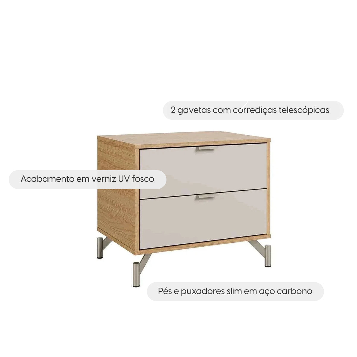 Conjunto 2 Mesas de Cabeceira e Cômoda 6 Gavetas Altis - Off White Fosco c/ Carvalho - Champanhe