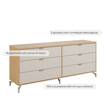 Conjunto 2 Mesas de Cabeceira e Cômoda 6 Gavetas Altis - Off White Fosco c/ Carvalho - Champanhe