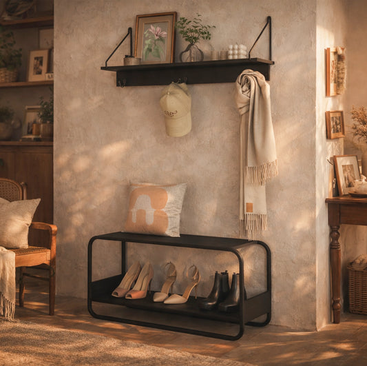 Conjunto Banco 1 Lugar com Prateleira 3 Ganchos Dunna - Preto c/ Dourado