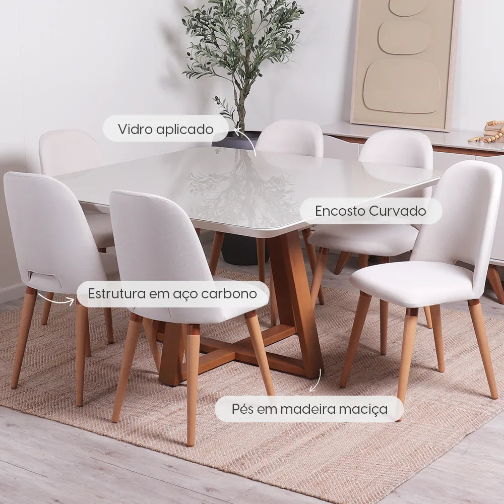 Conjunto de Jantar Mesa Quadrada com Vidro Bennett 6 Cadeiras Drop - Natural c/ Off White