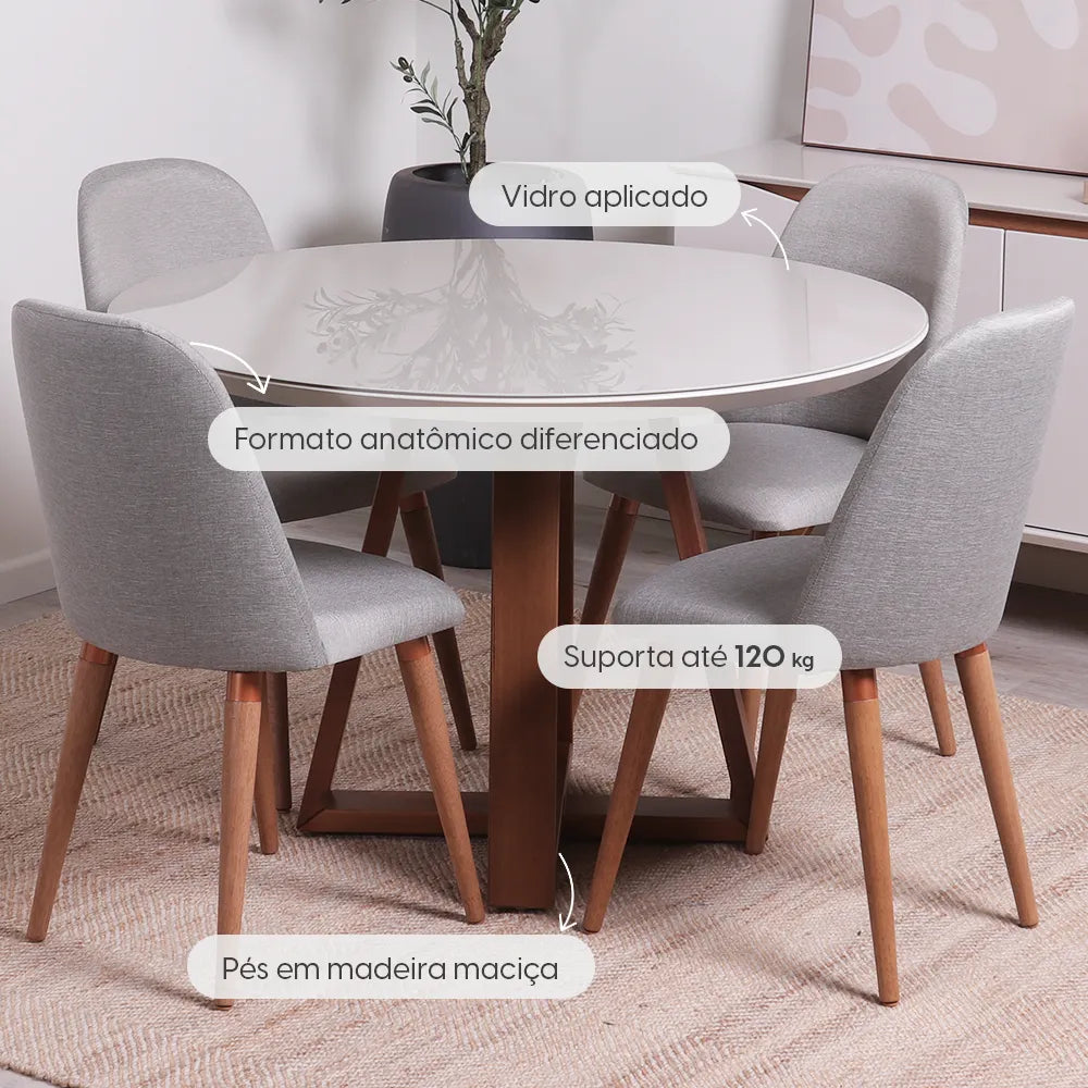 Conjunto de Jantar Mesa Redonda com Vidro Bennett 115 cm 4 Cadeiras New Drop - Natural c/ Cinza