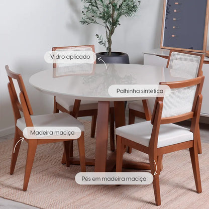 Conjunto de Jantar Mesa Redonda com Vidro Bennett 135 cm 4 Cadeiras Saga - Natural c/ Mescla Cru