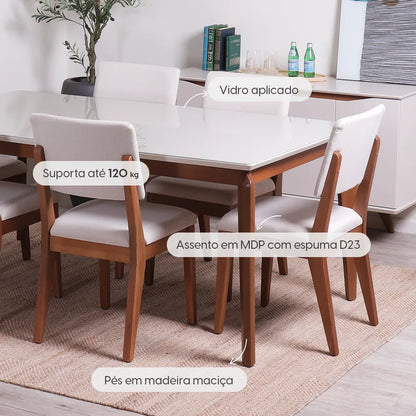 Conjunto de Jantar Mesa Retangular com Vidro New Lauren 6 Cadeiras Ella - Natural c/ Linho Off White