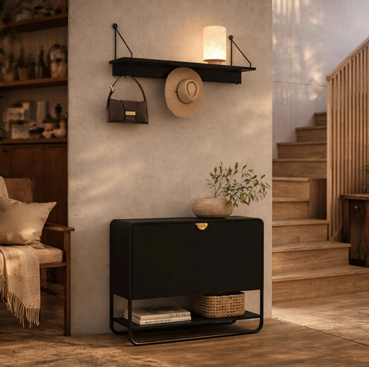 Conjunto Sapateira 1 Porta com Prateleira 3 Guanchos Dunna - Preto c/ Dourado