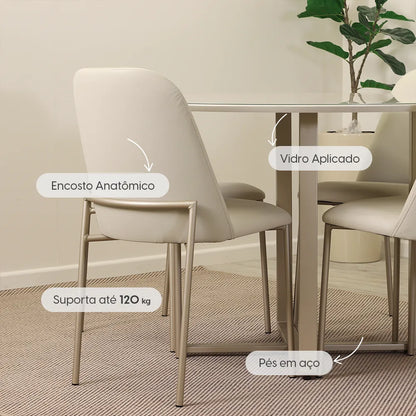 Conjunto de Jantar Mesa Redonda com Vidro Arcádia 4 Cadeiras Lucille - Champanhe c/ Off White