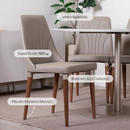 Conjunto de Jantar Mesa Redonda com Vidro Cloe 4 Cadeiras Lara - Champanhe c/ Off White - Fendi