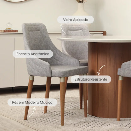 Conjunto de Jantar Mesa Redonda com Vidro Kalina 4 Cadeiras Evelyn - Canella c/ Cinza