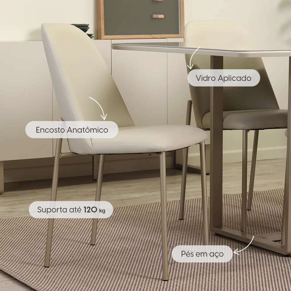 Conjunto de Jantar Mesa Retangular com Vidro Arcádia 6 Cadeiras Lucille - Champanhe c/ Off White