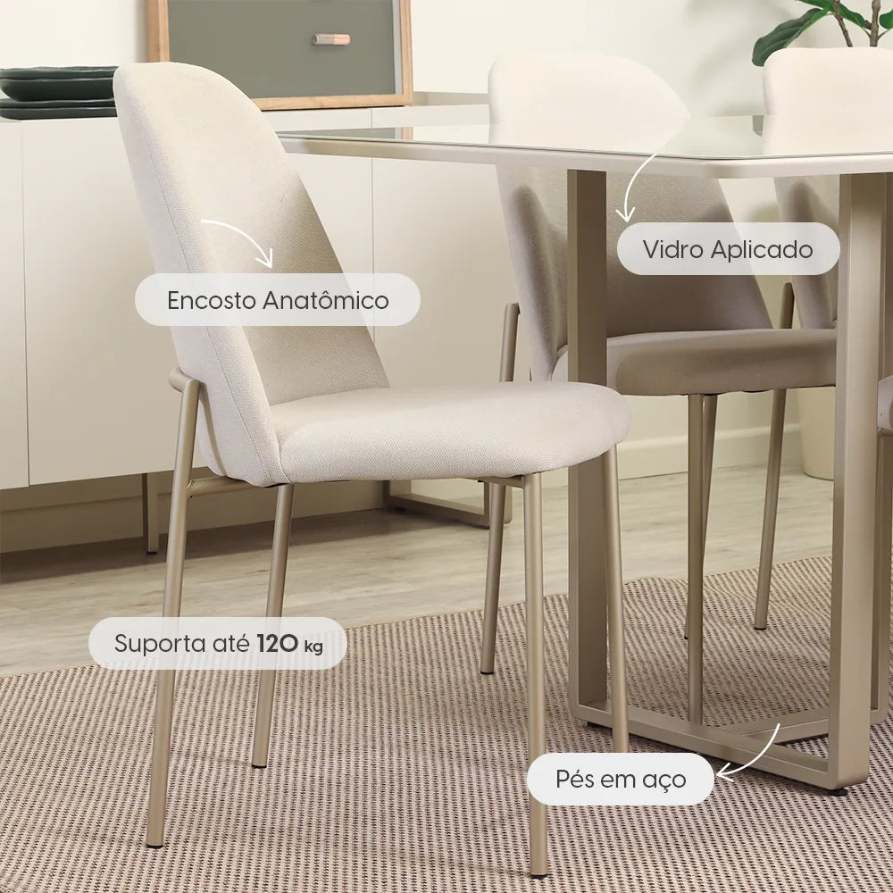 Conjunto de Jantar Mesa Retangular com Vidro Arcádia 6 Cadeiras Lucille - Champanhe c/ Off White - Palha