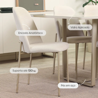 Conjunto de Jantar Mesa Retangular com Vidro Arcádia 6 Cadeiras Lucille - Champanhe c/ Off White - Palha