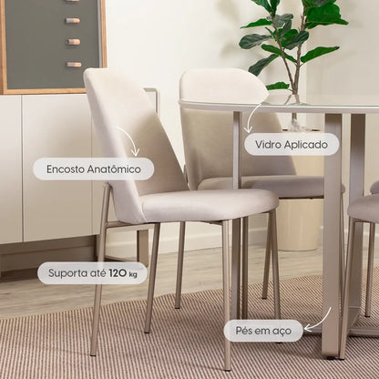 Conjunto de Jantar Mesa Redonda com Vidro Arcádia 4 Cadeiras Lucille - Champanhe c/ Off White - Palha