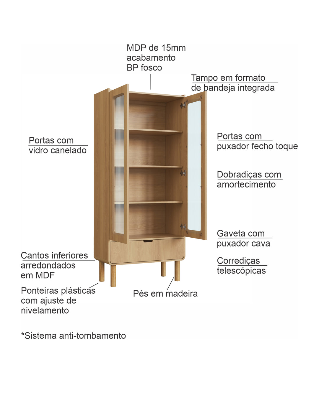Cristaleira Orgânica 2 Portas Yume 80 cm - Mel
