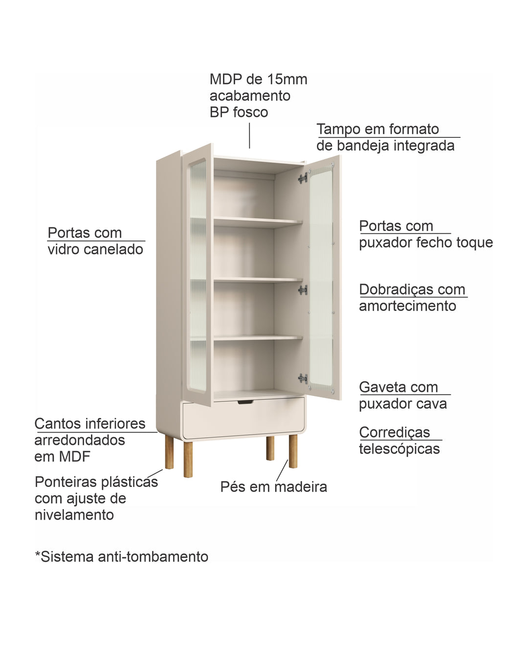 Cristaleira Orgânica 2 Portas Yume 80 cm - Off-White Fosco