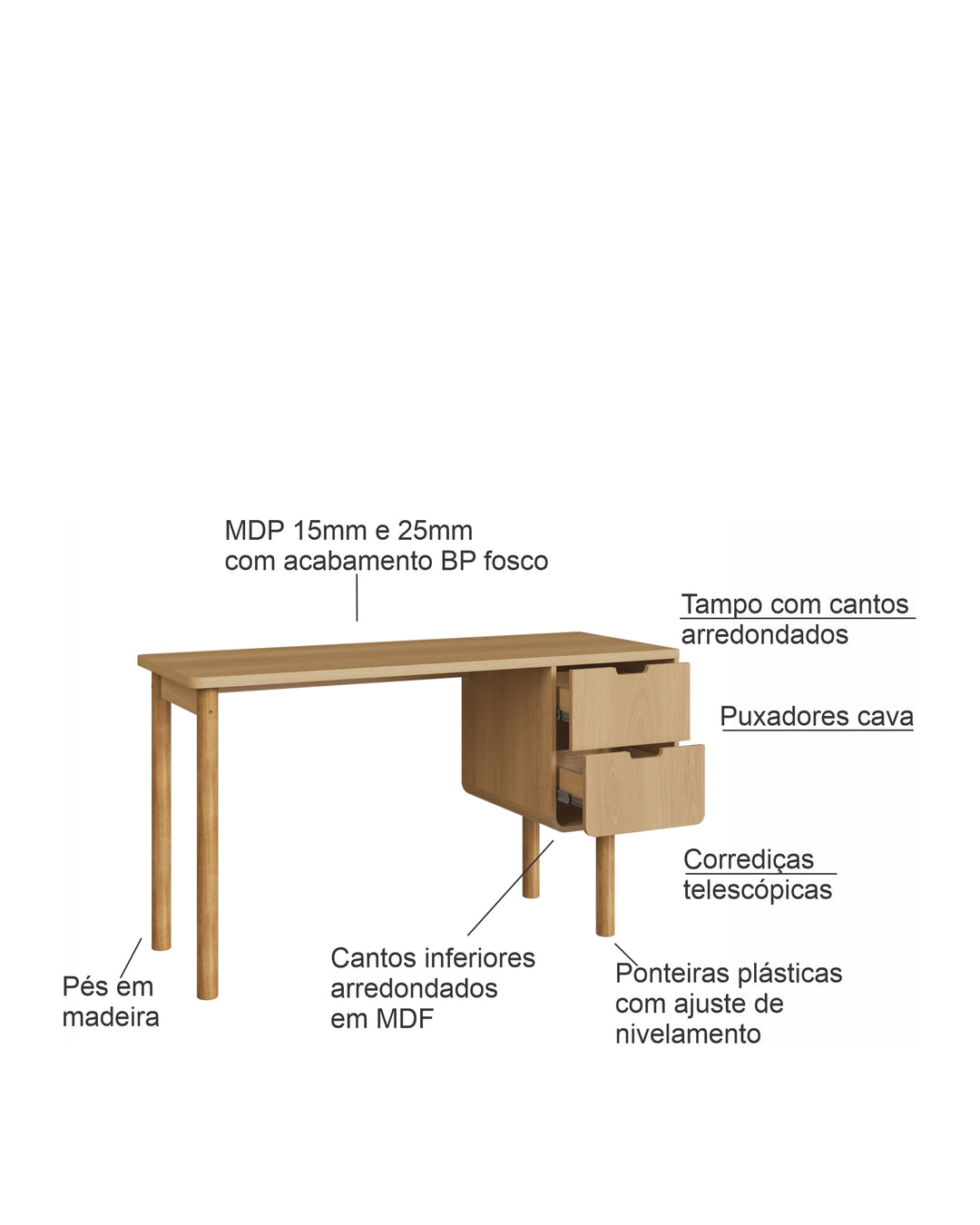 Escrivaninha Orgânica 2 Gavetas Yume 136 cm - Mel