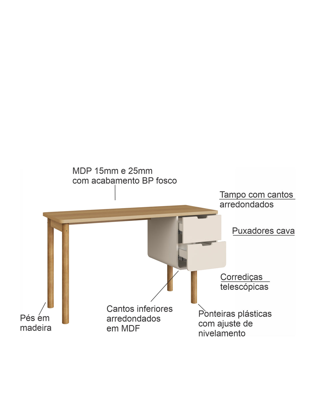 Escrivaninha Orgânica 2 Gavetas Yume 136 cm - Mel c/ Off-White