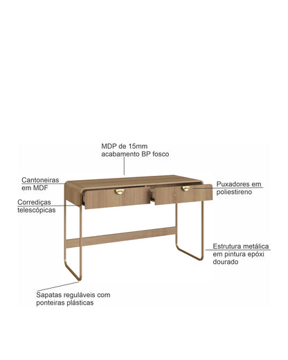 Escrivaninha Orgânica 2 Gavetas com Pés em Aço Dunna 125 cm - Mel c/ Dourado