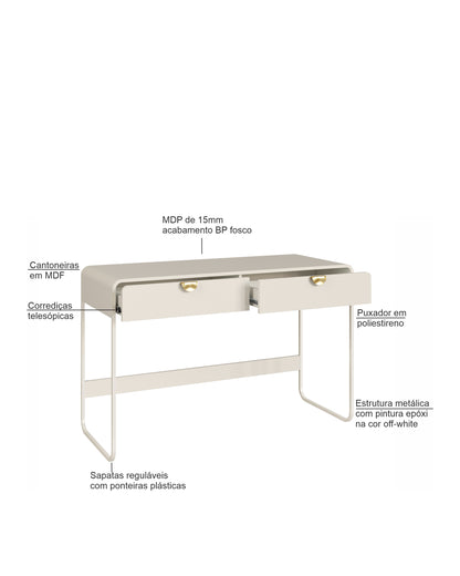 Escrivaninha Orgânica 2 Gavetas com Pés em Aço Dunna 125 cm - Off-White Fosco
